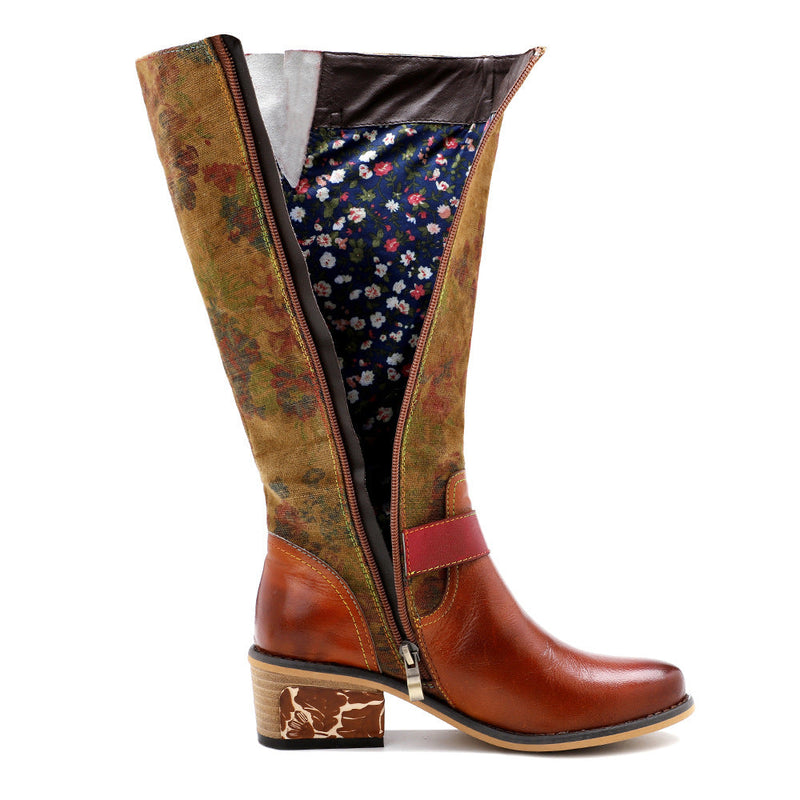 Women's brown vintage flowers decoration knee high boots fall winter retro ethnic boots