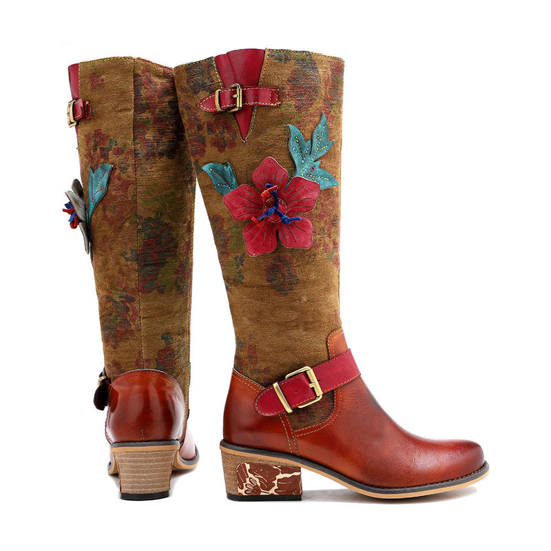 Women's brown vintage flowers decoration knee high boots fall winter retro ethnic boots
