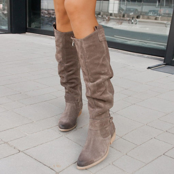 Women's faux suede low heel knee high slouch boots