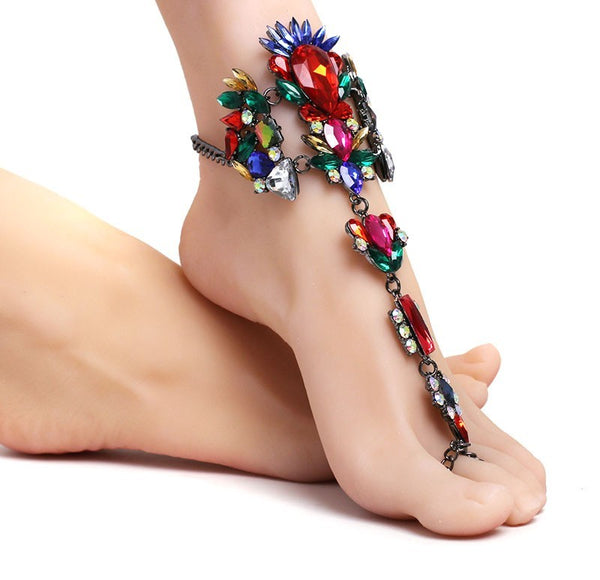 Women boho beach vacation ring toe crystal anklets