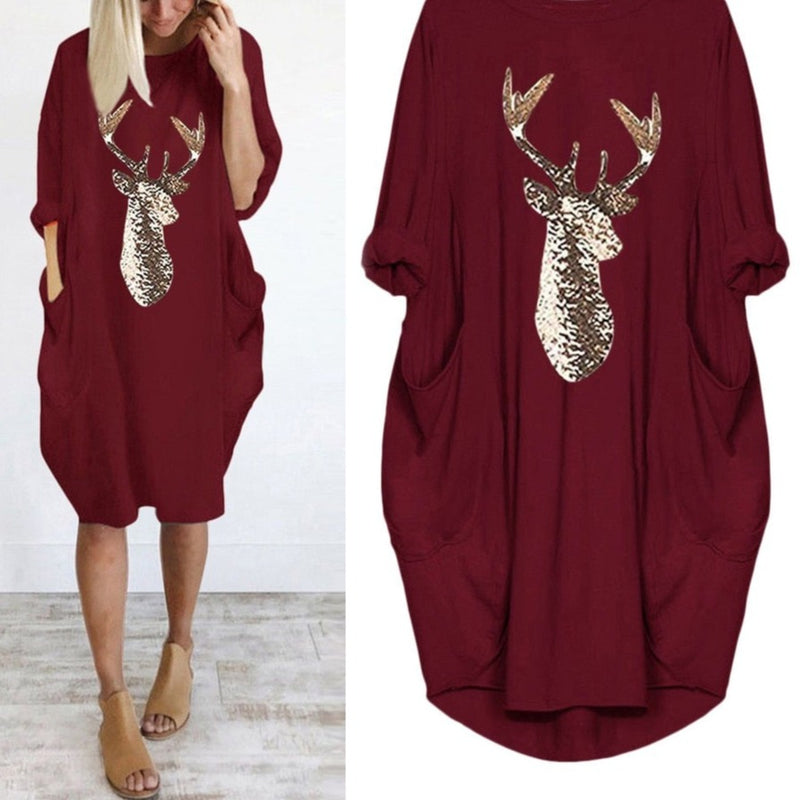 Women's casual loose long sleeve tops dress with pocket reindeer print Christmas dress
