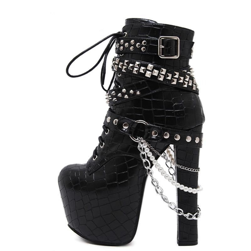 Women's black punk studded ankle boots thick platform super high heel gothic booties for party