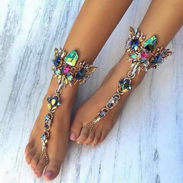 Women Summer Beach Crystal Rhinestones Anklet Barefoot Sandals