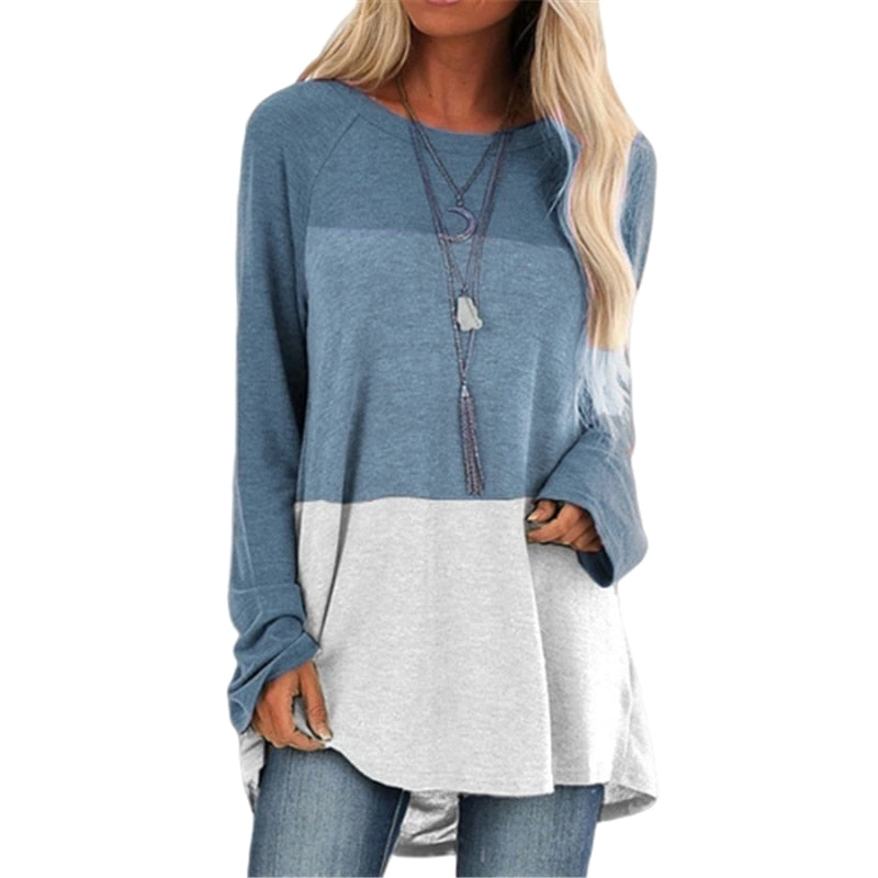 Women's color striped long sleeve T-shirts patchwork casual loose crewneck pullover tops