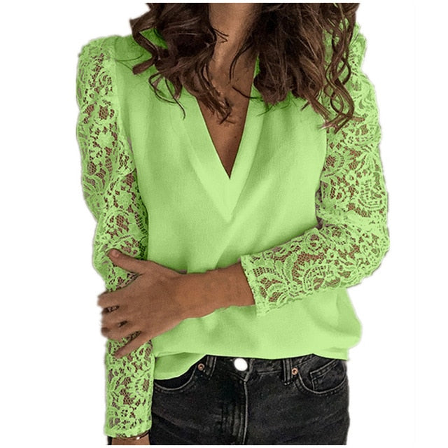Women's V-neck lace hollow out long sleeve blouse pullover tops