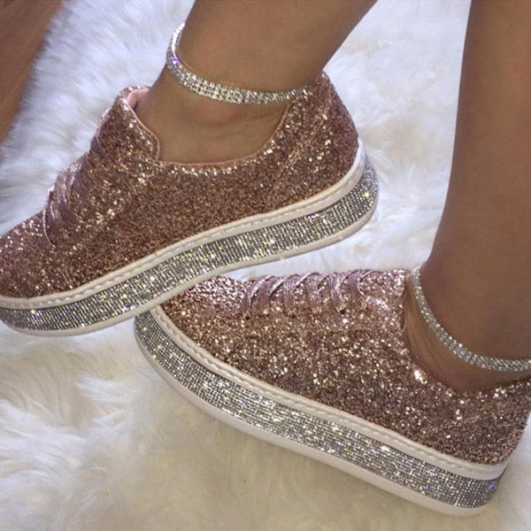 Women's glitter sneakers lace-up rhinestone shiny casual shoes platform sneakers