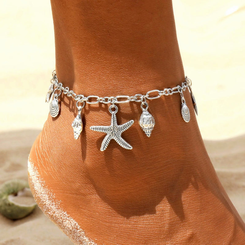 Women boho summer beach silver starfish shell anklets