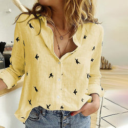 Women's Birds Print Shirts 35% Cotton Long Sleeve Female Tops 2020 Spring Summer Loose Casual Office Ladies Shirt Plus Size 5XL
