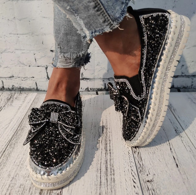 Kbkybuyz Women's Fashion Slip-On Sneakers, Rhinestones Glitter for Women, Platform Loafers Cute Bowknot Flat Casual Shoes for Girls Women's Shoes