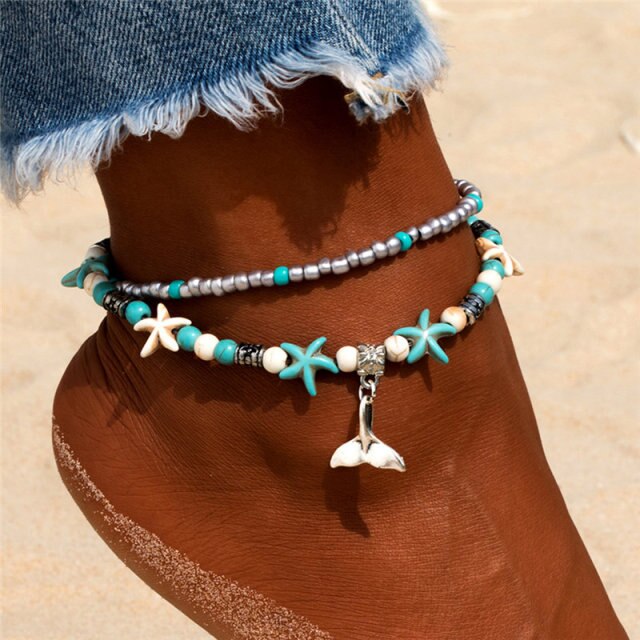 Women Blue Shell Beads Starfish Turtle Anklets