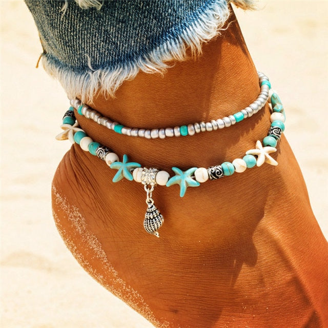 Women Blue Shell Beads Starfish Turtle Anklets