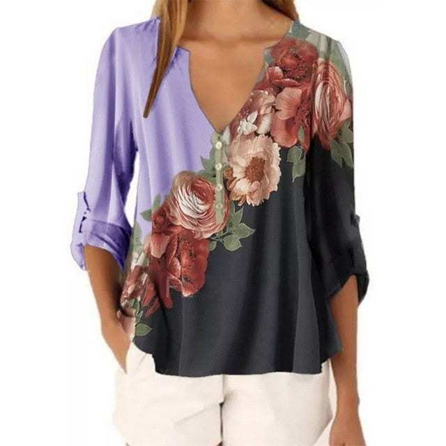 Women's v-neck chiffon long sleeve blouse floral print pullover tops