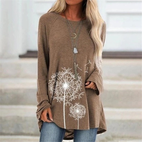 Women's flower print long sleeve T-shirts pullover tunic tops for fall/winter