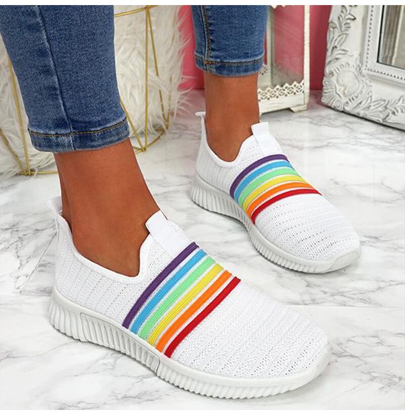 Mesh breathable slip on women sneakers rainbow patterned running shoes