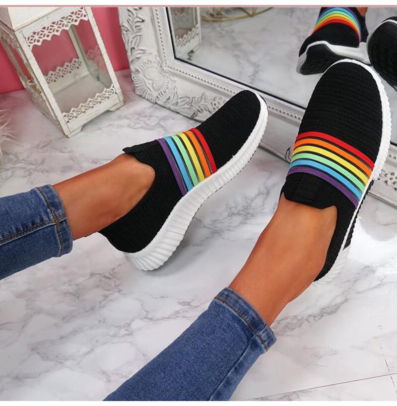 Mesh breathable slip on women sneakers rainbow patterned running shoes