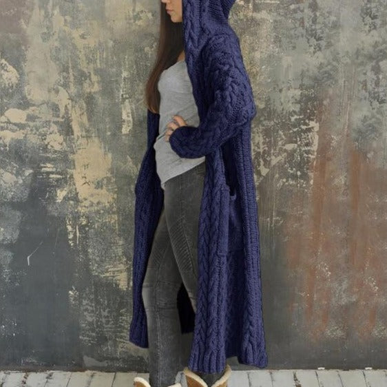Womens's canble knit hooded long cardigan sweater open front cardigan for winter