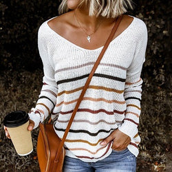 Women's v-neck sxey color striped knitted sweater fall/winter sweater tops