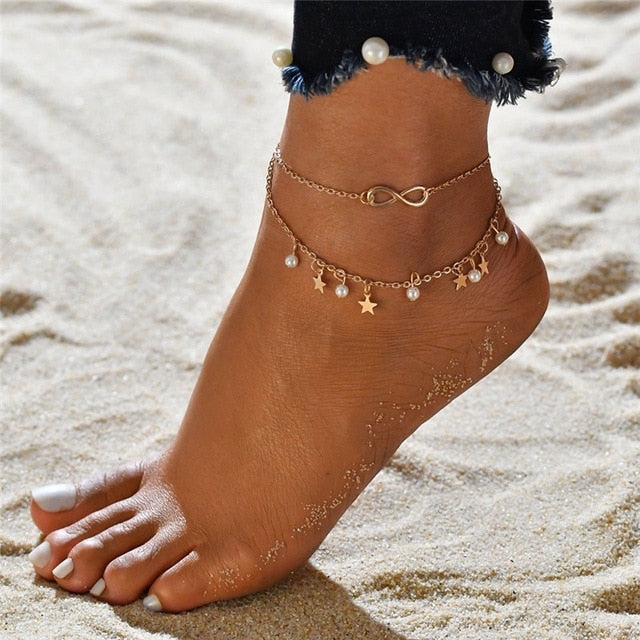 15 styles Bohemia Multilayer Beads Anklet Set Fashion Sequins Star Ankle Bracelets for Women Summer Beach Foot