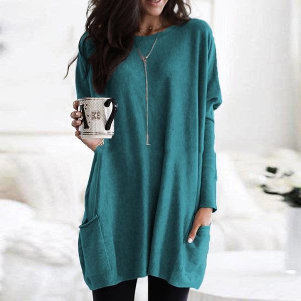 Women's long sleeve pockets tunic T-shirts casual loose crewneck pullovers