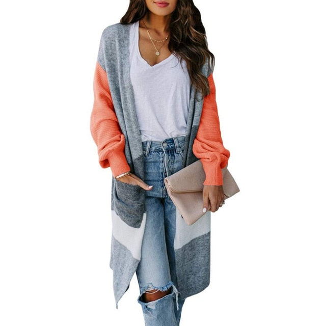 Women's color block open front cardigan knitted pocket cardigan
