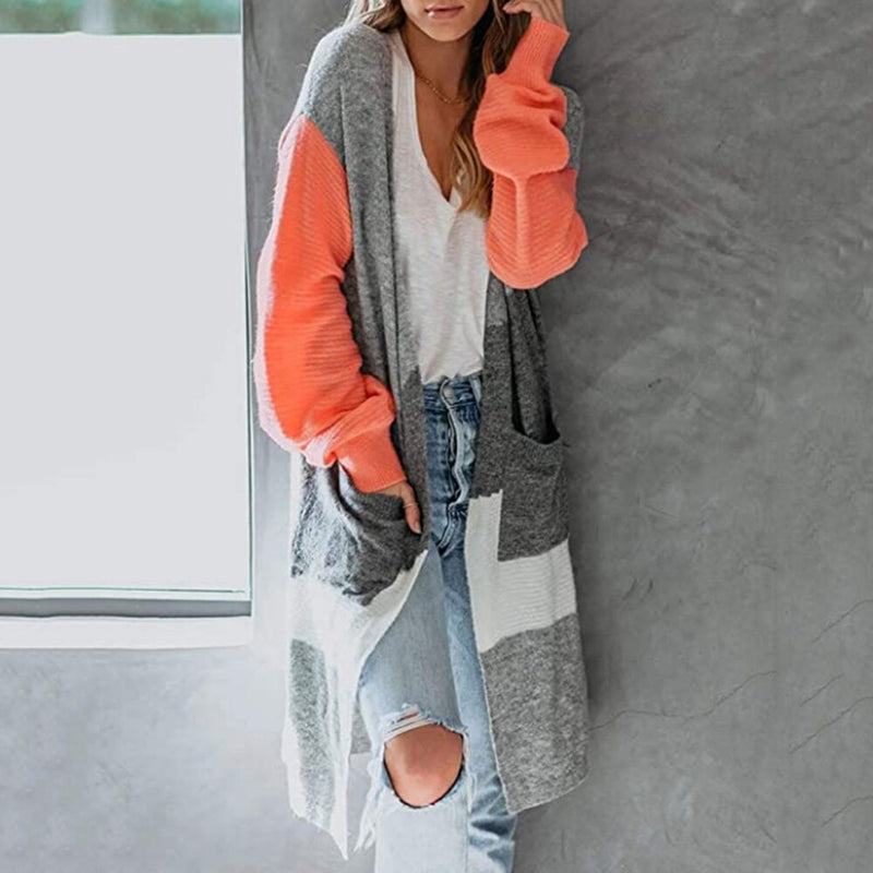 Women's color block open front cardigan knitted pocket cardigan
