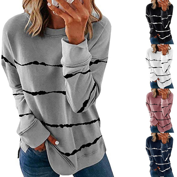 Women's striped long sleeve pullover T-shirts tie dye casual loose crewneck tops