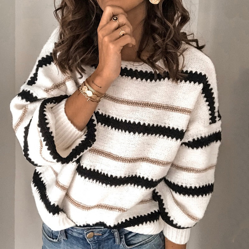Women's color striped knitted sweater casual loose crewneck pullovers