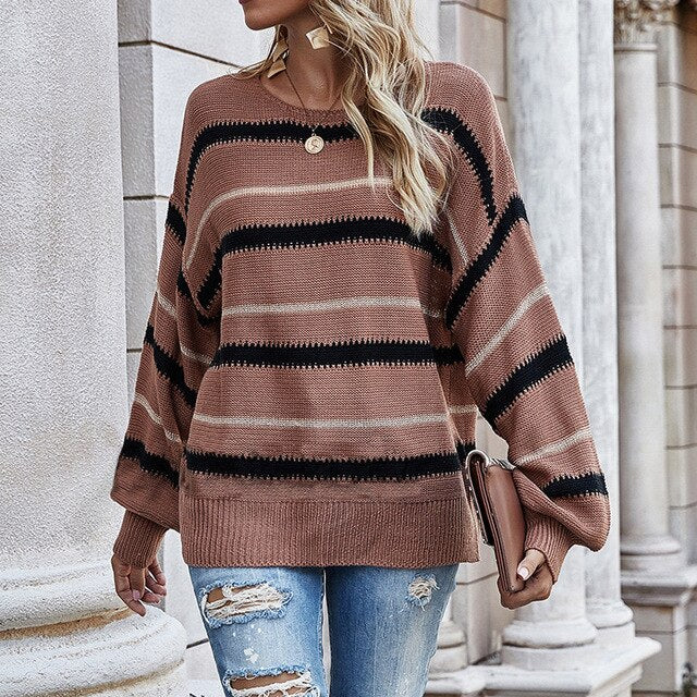 Women's color striped knitted sweater casual loose crewneck pullovers