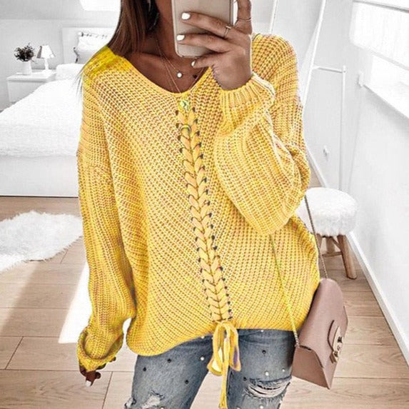 Women's cute v-neck pullover knitted sweater solid casual sweater