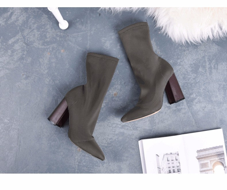 Women's chunky high heeled sock boots elastic pointed toe ankle boots