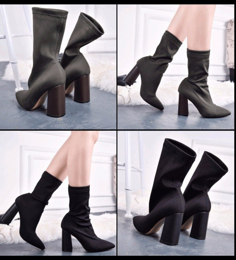 Women's chunky high heeled sock boots elastic pointed toe ankle boots