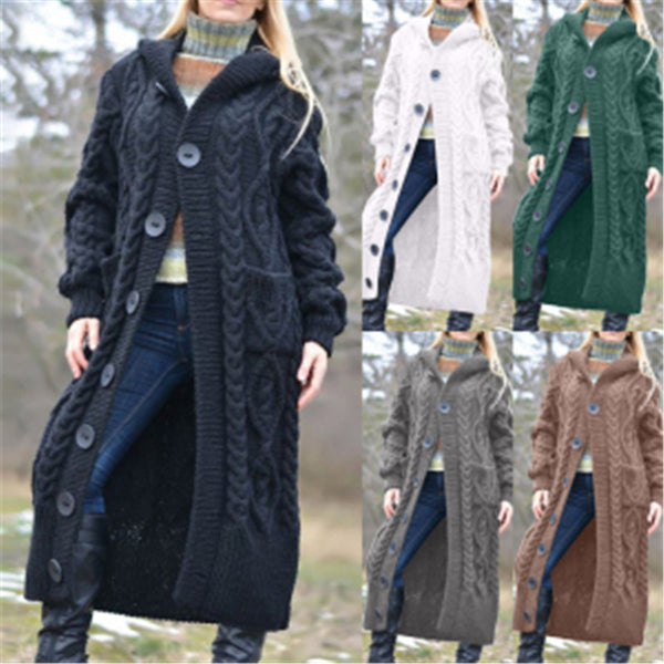 Women's long cable knit hooded chunky cardigan duster cardigan coat