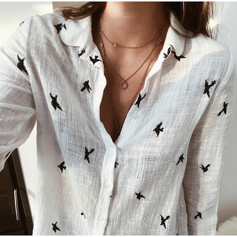 Women's Birds Print Shirts 35% Cotton Long Sleeve Female Tops 2020 Spring Summer Loose Casual Office Ladies Shirt Plus Size 5XL