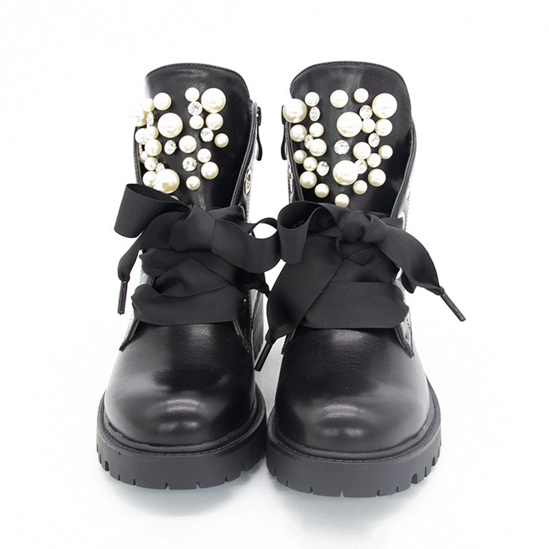 Women's fashion pearl rivet black ankle boots chunky low heel lace-up booties for party