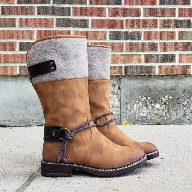 Women's retro flat mid calf snow boots tassels strap décor winter warm boots with zipper