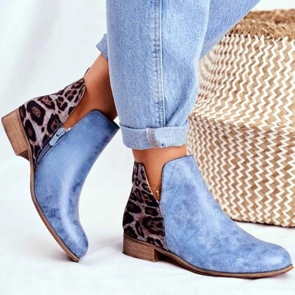 Women's fashion side slit suede ankle boots leopard patchwork zipper booties