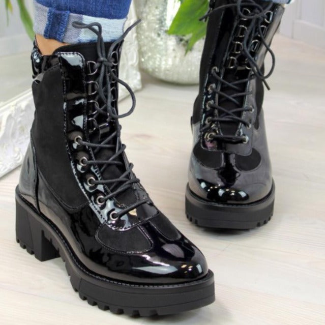 Women's black lace-up ankle boots snakeskin pattern chunky boots
