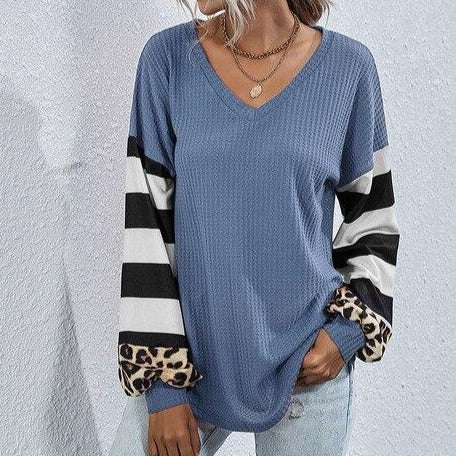 Women's v-neck leopard patchwork striped long sleeve T-shirts casual loose tops