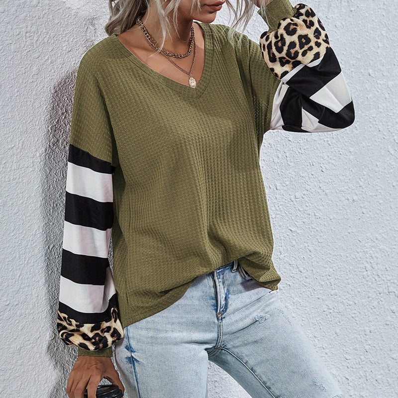 Women's v-neck leopard patchwork striped long sleeve T-shirts casual loose tops