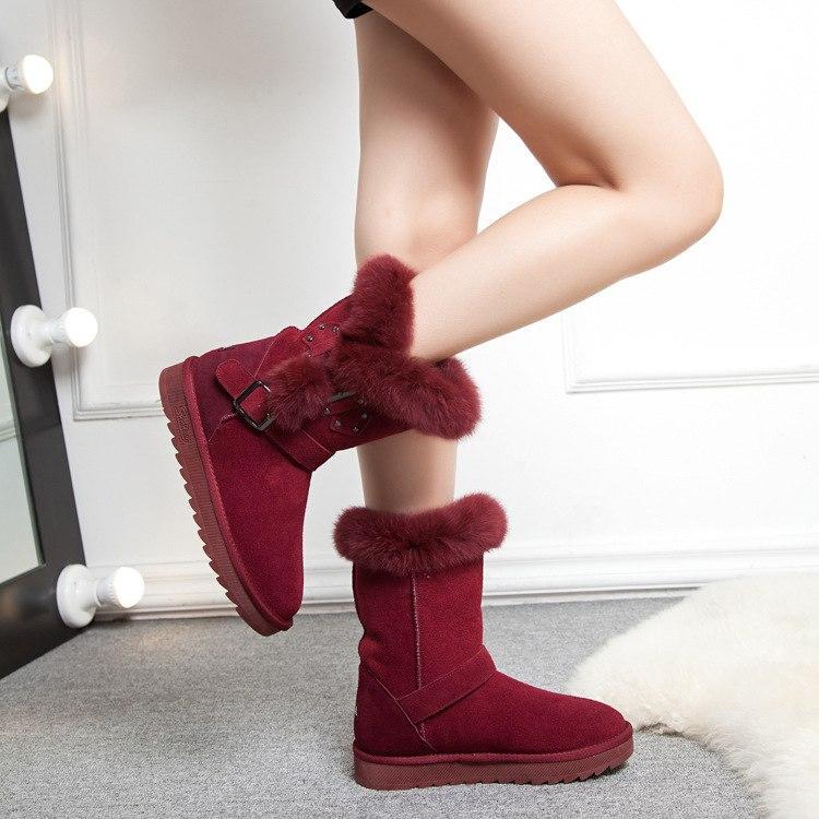 Mid-Calf Plush Warm Winter Boots Buckle Strap Snow Boots - fashionshoeshouse