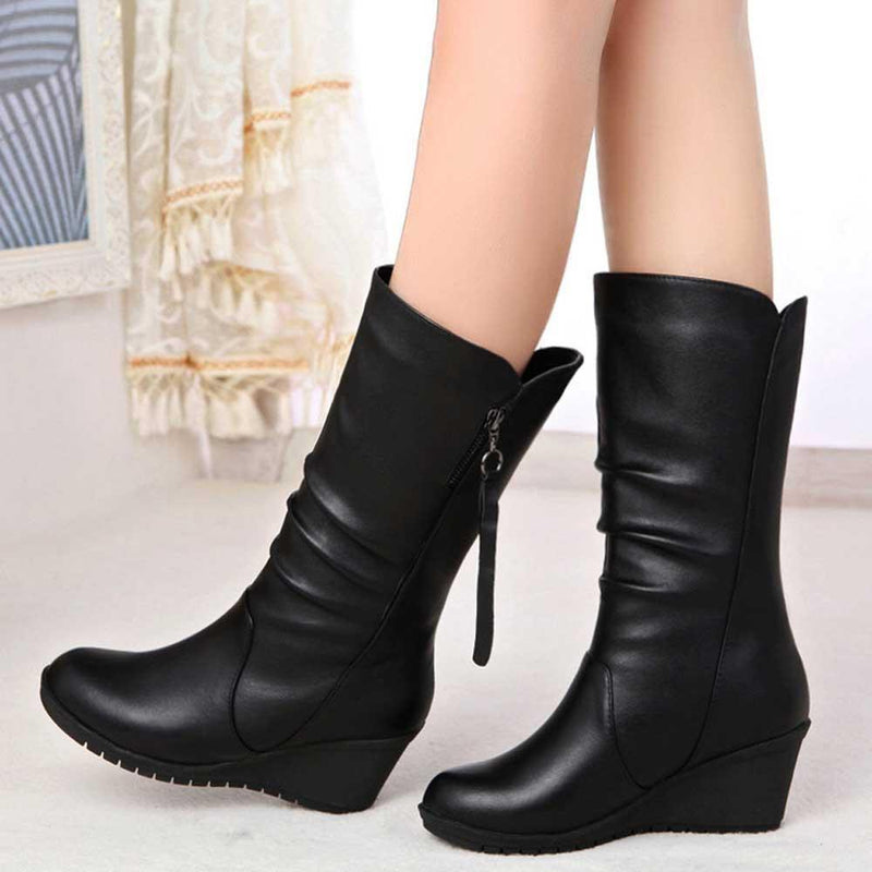 Black Mid Calf Boots for Women Wedges Heel Warm Zipper Boots - fashionshoeshouse