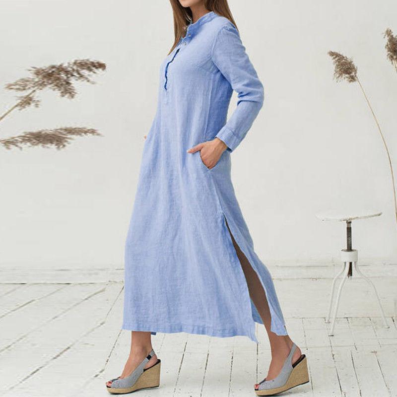 Loose Long Sleeve Split Maxi Dress - fashionshoeshouse