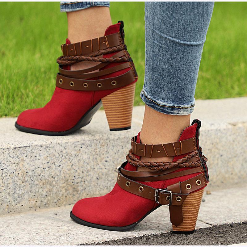 Plus Size Chunky Heels Buckle Ankle Boots - fashionshoeshouse
