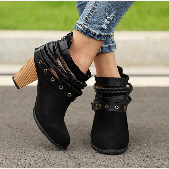 Plus Size Chunky Heels Buckle Ankle Boots - fashionshoeshouse