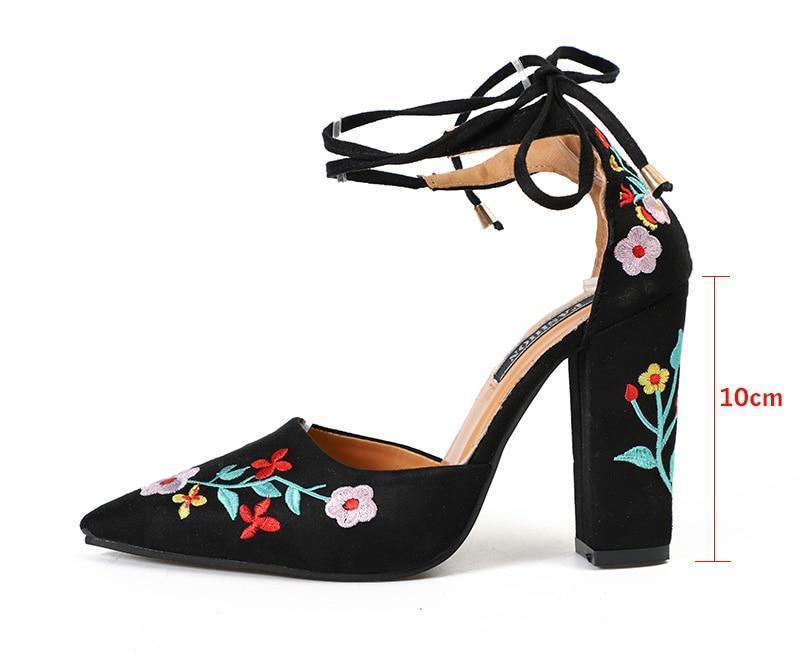 Pointed Toe Embroidery Lace up Heels - fashionshoeshouse