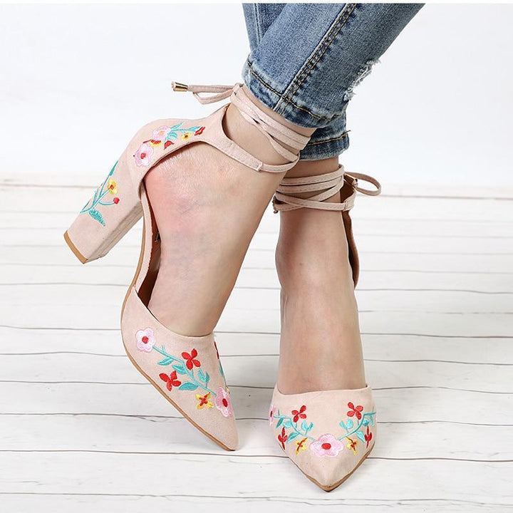 Pointed Toe Embroidery Lace up Heels - fashionshoeshouse