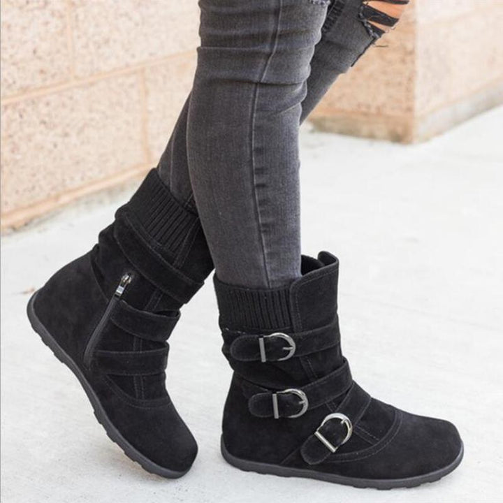 Winter Warm Suede Buckle Strap Casual Snow Boot - fashionshoeshouse