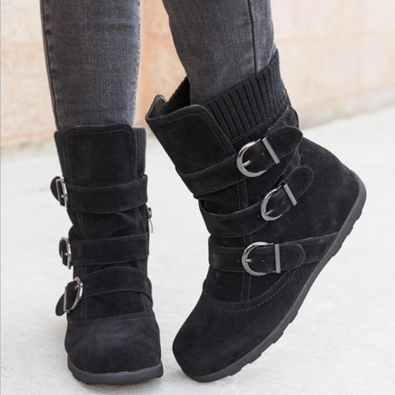 Winter Warm Suede Buckle Strap Casual Snow Boot - fashionshoeshouse
