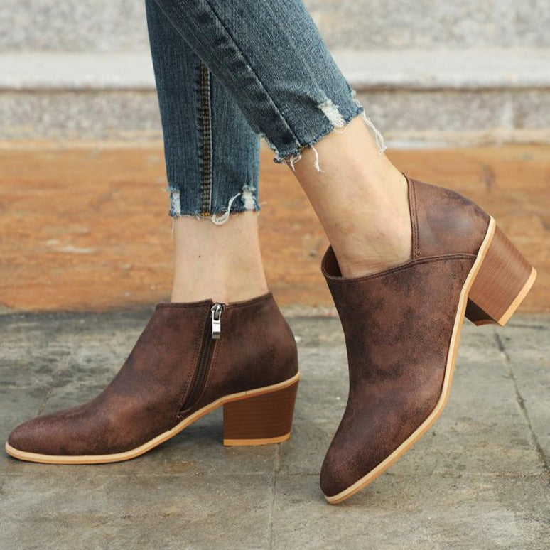 Vintage Leather Ankle Boots Slip-On Chunky Heels Waterproof Zipper Boots - fashionshoeshouse