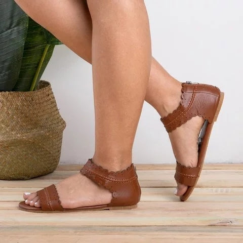 Women Plus Size Leaf Strap Hollow Breathable Flat Sandals - fashionshoeshouse